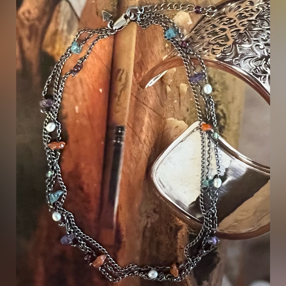 Silpada Three Strand Oxidized Sterling Silver Necklace with Pearls & Gemstones